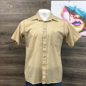 VINTAGE VAN‎ HEUSEN Mens Tan Short Sleeve Button Up Shirt L Single Needle